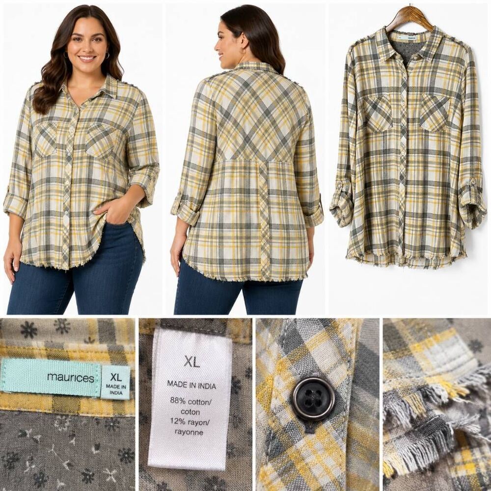 Maurices XL Yellow Gray Plaid Button Front Frayed Hem Shirt